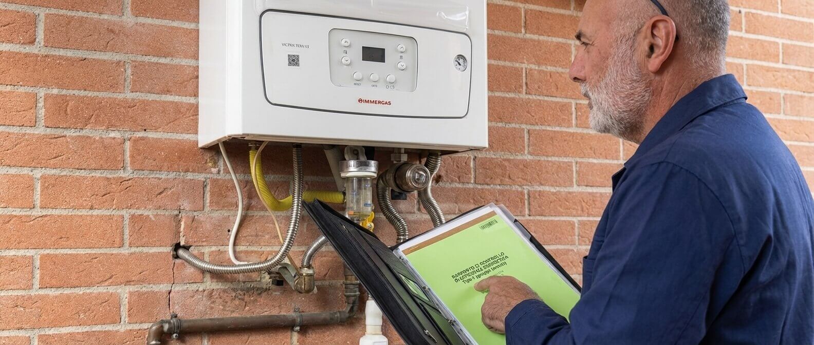 Tecnico durante controllo e assistenza di una caldaia Immergas con verifica dell’impianto di riscaldamento a Firenze.