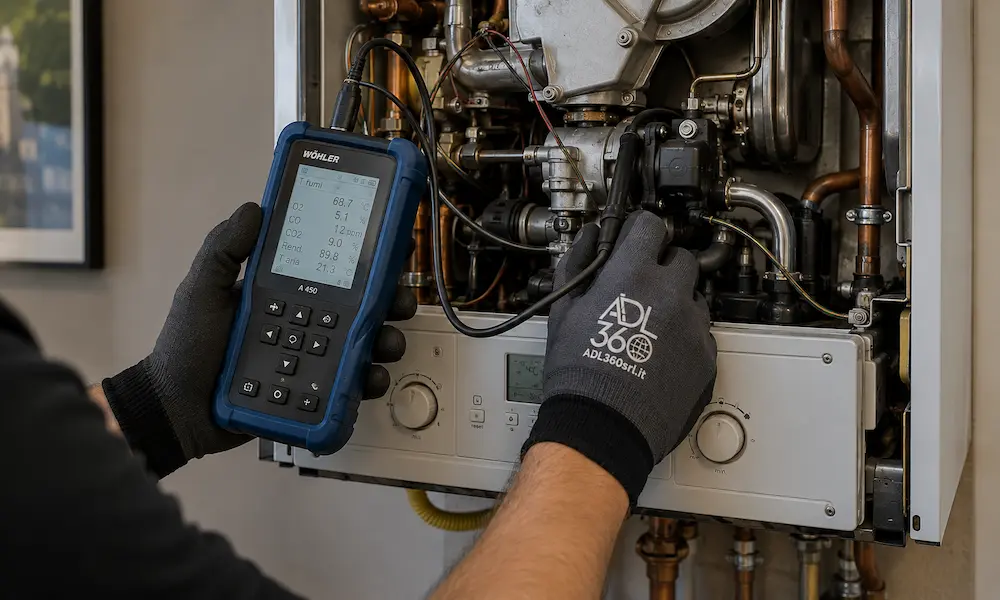 Manutenzione di una caldaia a gas eseguita da un tecnico ADL 360 a Pontedera