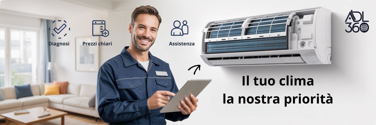 un tecnico che compila un foglio per il preventivo in una stanza con uno split di un condizionatore vicino