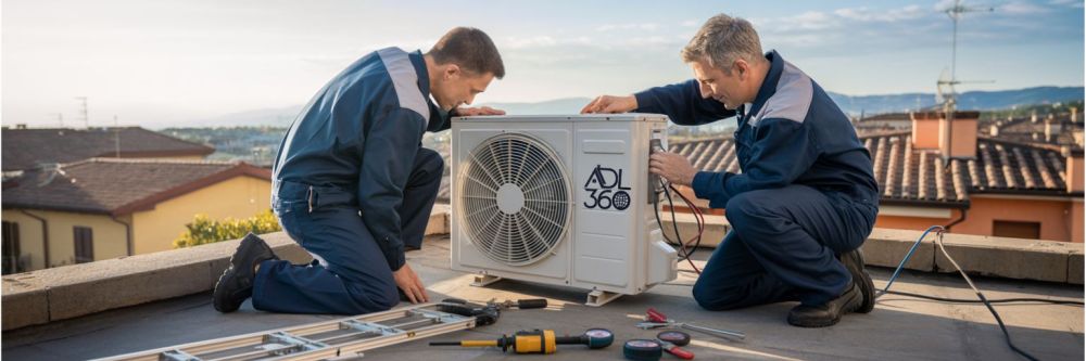 due tecnici dell'azienda ADL360 srl su un tetto che fanno una riparazione ad un condizionatore aria